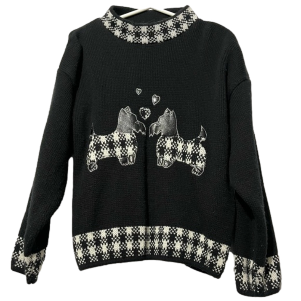 Scottie Dog Sweater Black White Size Medium Vintage 1980 Variations Women's Knit